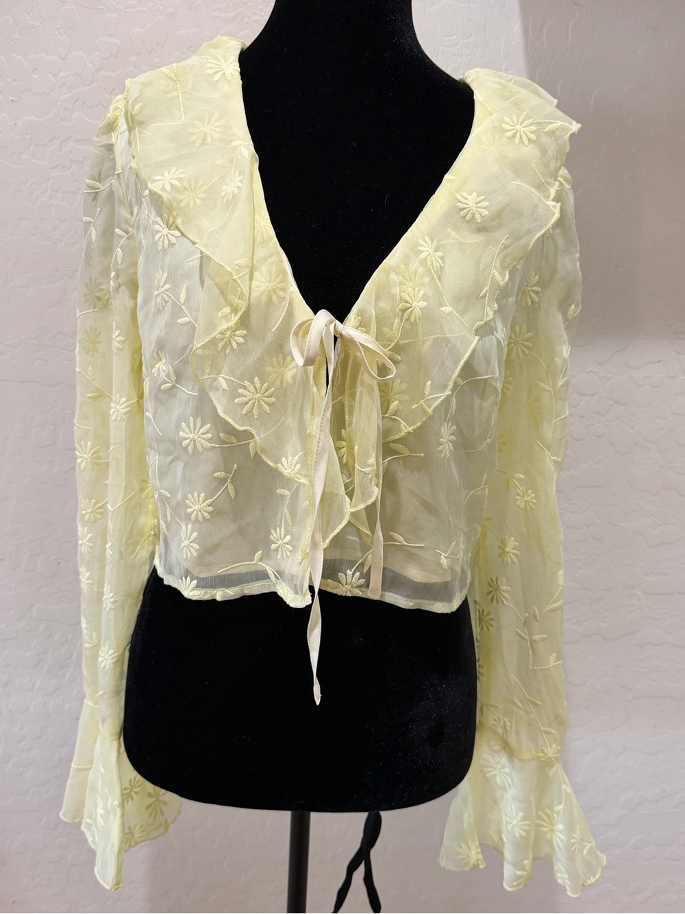12th Tribe NWT Sheer Embroidered Tie Front Blouse Bell Sleeve Yellow Size Small